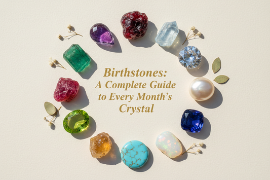 Twelve birthstones arranged in a ring representing each month of the year — garnet, amethyst, aquamarine, diamond, emerald, pearl, ruby, peridot, sapphire, opal, citrine, and turquoise — displayed as a mix of faceted, cut, and raw crystal specimens