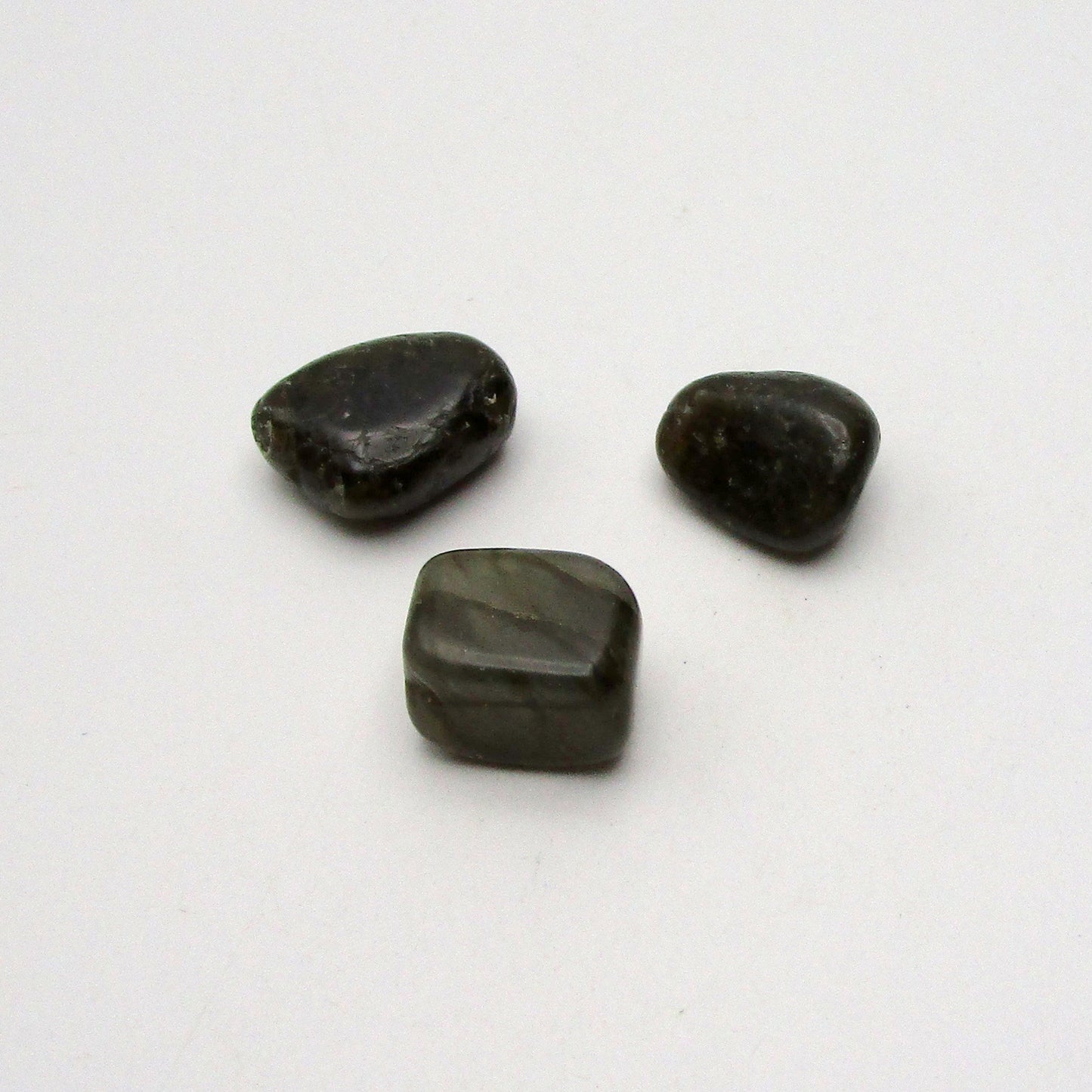 Labradorite Tumbled Stones – Set of 3 on white background.
