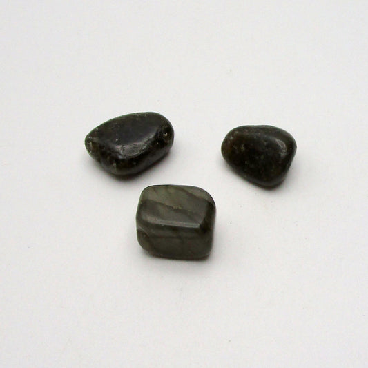 Labradorite Tumbled Stones – Set of 3 on white background.
