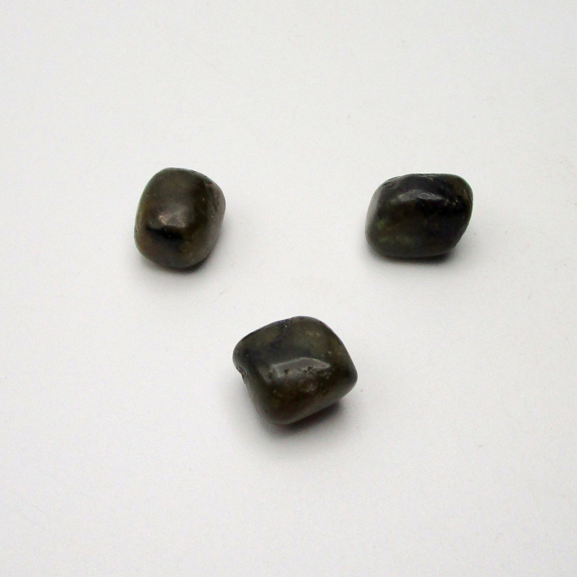 Labradorite Tumbled Stones – Set of 3 on white background.