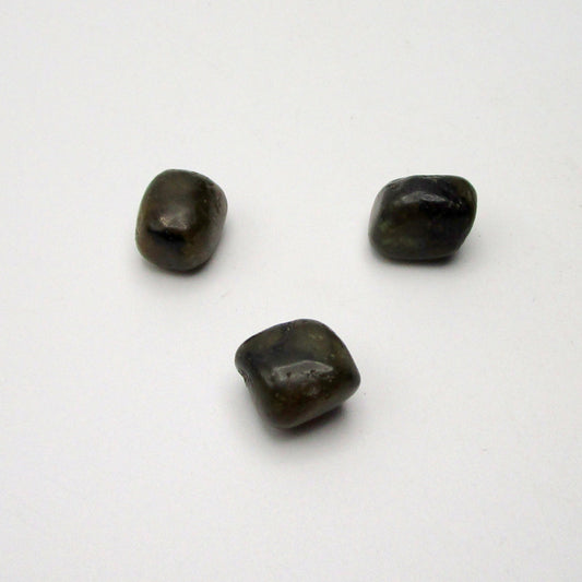 Labradorite Tumbled Stones – Set of 3 on white background.