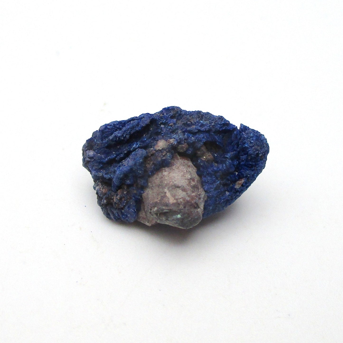 small blue azurite crystal on a white background