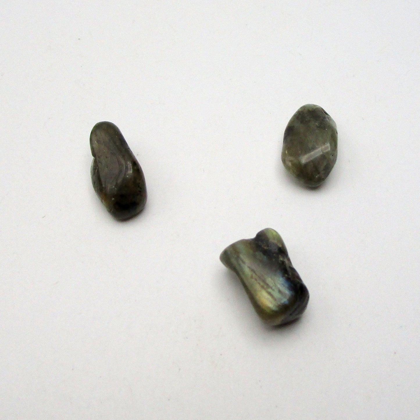 Labradorite Tumbled Stones – Set of 3 on white background.