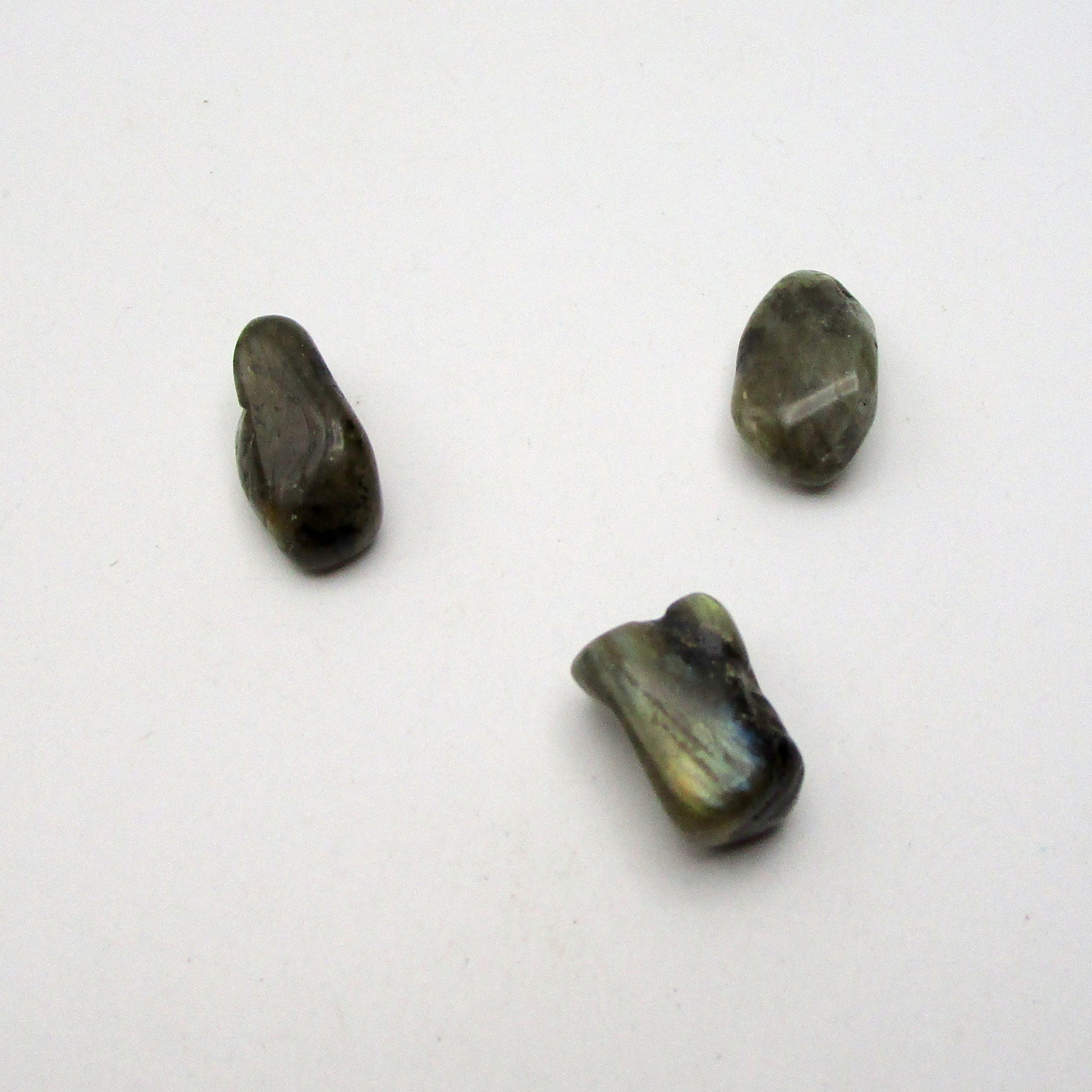 Labradorite Tumbled Stones – Set of 3 on white background.