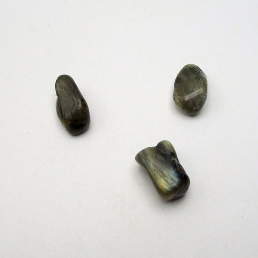 Labradorite Tumbled Stones – Set of 3 on white background.