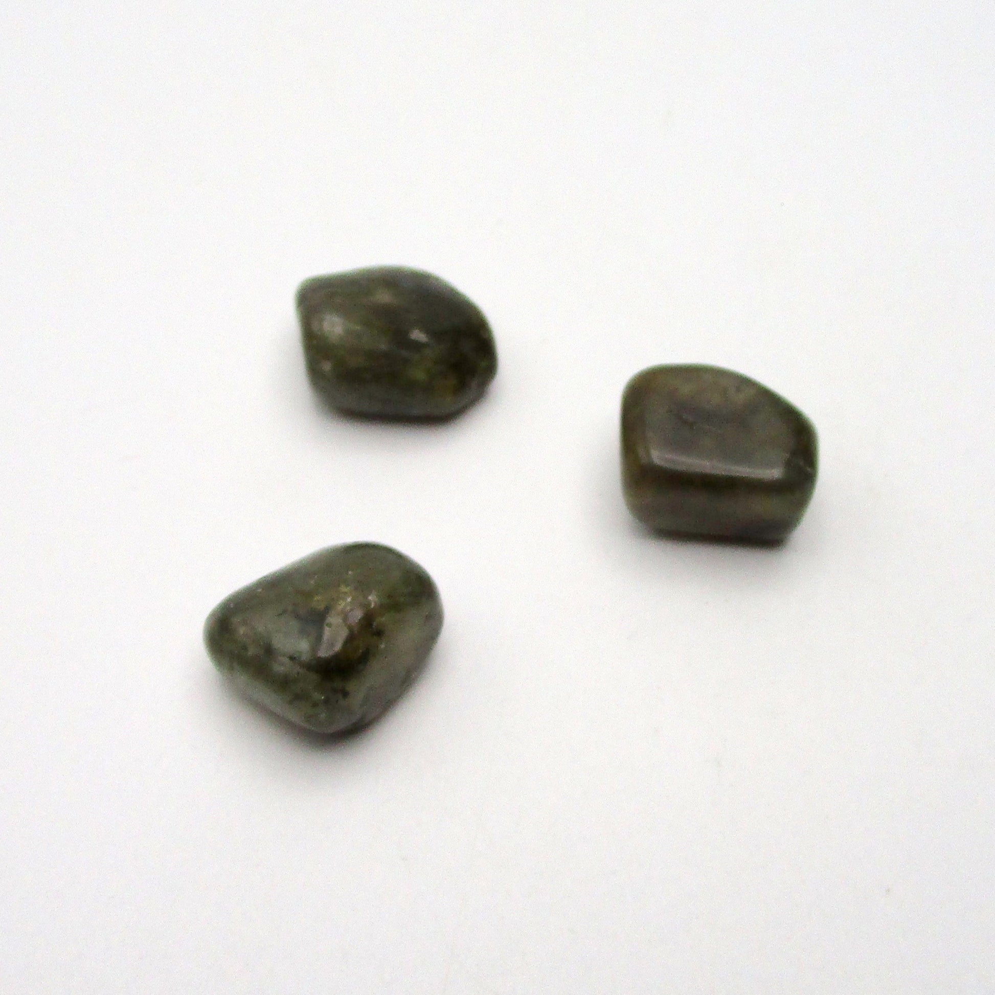 Labradorite Tumbled Stones – Set of 3 on white background.