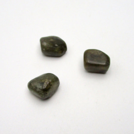 Labradorite Tumbled Stones – Set of 3 on white background.